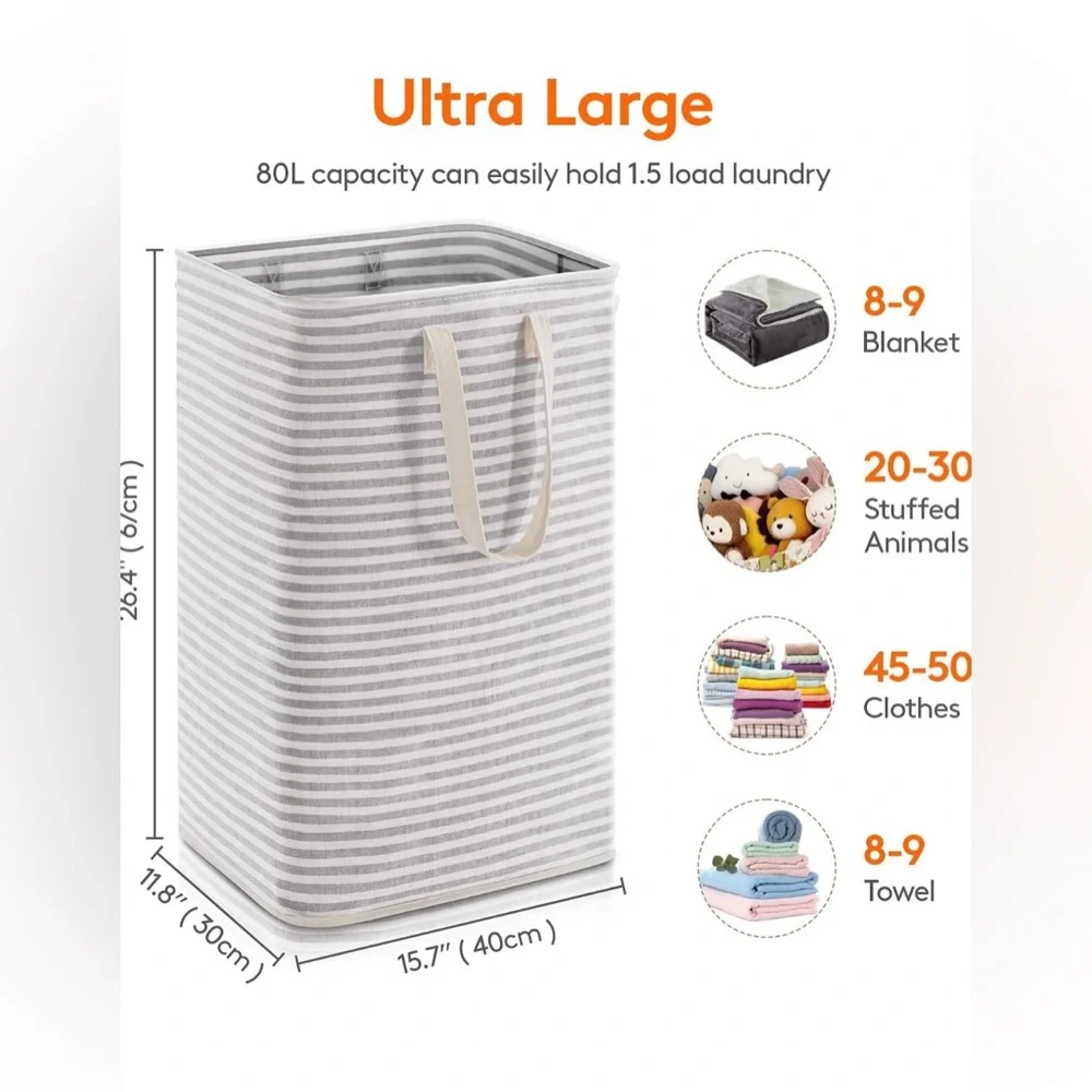 Gray and White Striped Laundry Basket. (Pack of 2)🧺